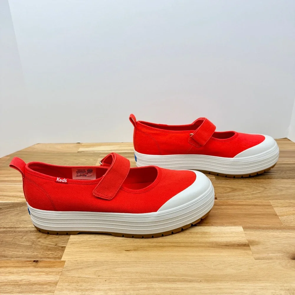Keds Women's WF68129 Orange Red Canvas Platform Mary Jane Shoes Size 9